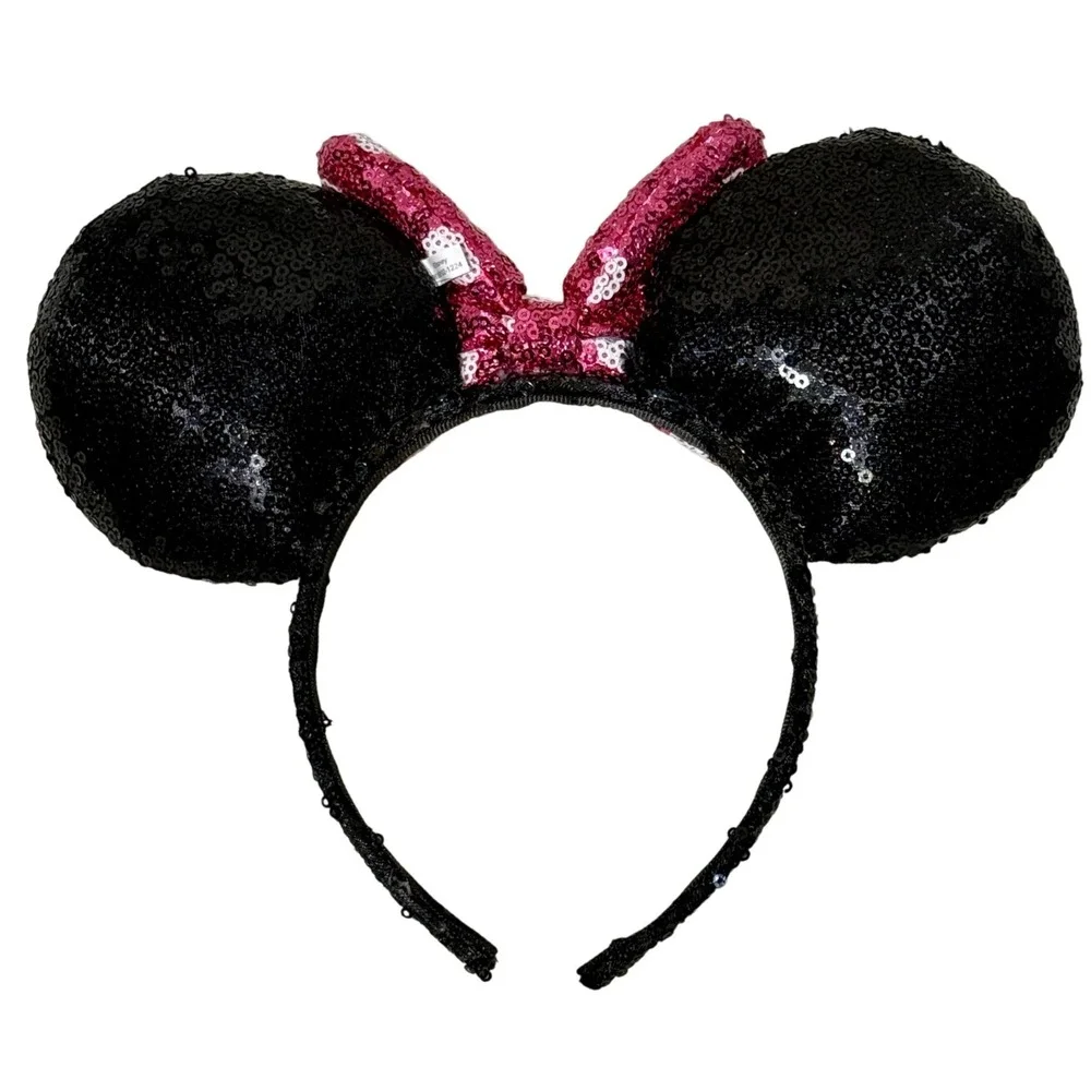 Disney Mickey Ears Minnie Mouse Headband Pink Polka Dot Bow Sequins Disneyland